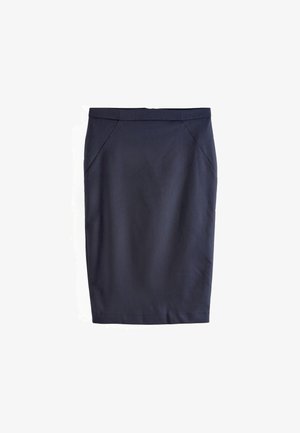 Donker marineblauwe kokerrok tot op de knie met een slanke pasvorm en subtiele diagonale naaddetails vlakbij de taille.