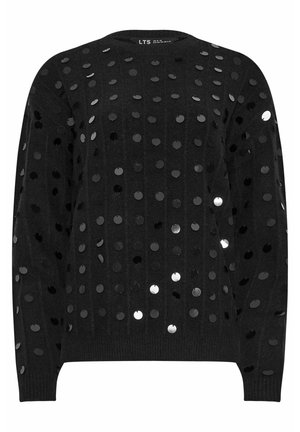Schwarzer Pullover mit Rundhalsausschnitt, aus einem strukturierten Stoff und mit verstreuten glänzenden schwarzen und silbernen Pailletten auf der Oberfläche.