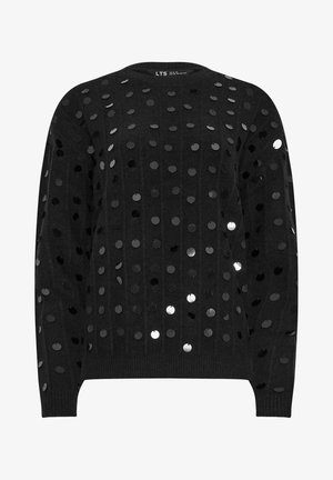 Zwart trui met een ronde halslijn, vervaardigd van een textuurstof en versierd met verspreide glanzende zwarte en zilveren pailletten over het oppervlak.