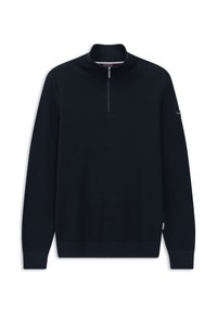 Schwarzer langärmeliger Strickpullover mit einem halben Reißverschluss vorne sowie gerippten Bündchen und Saum, ausgestattet mit einem kleinen Logo-Label am linken Ärmel.