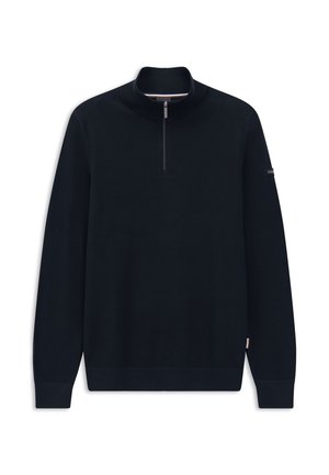 Schwarzer langärmeliger Strickpullover mit einem halben Reißverschluss vorne sowie gerippten Bündchen und Saum, ausgestattet mit einem kleinen Logo-Label am linken Ärmel.
