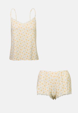 Lichtgele cami- en shortset met een bloemenpatroon in oranje en blauw. Heeft kantafwerking langs de randen. Katoenen stof.
