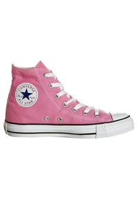 Sneaker alta rosa in tela con punta in gomma bianca, striscia nera a contrasto e design con lacci caratterizzato da occhielli argentati.
