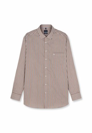 Camicia a maniche lunghe con bottoni, righe verticali marroni e bianche e taschino sul petto su sfondo bianco.