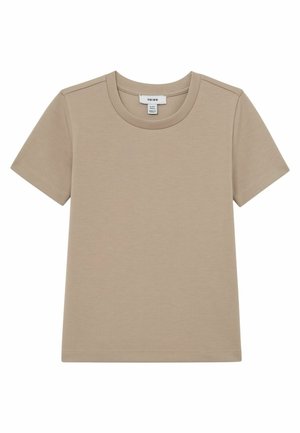 T-shirt beige en coton à manches courtes, col rond, coutures plates et étiquette de marque à l'arrière du col.