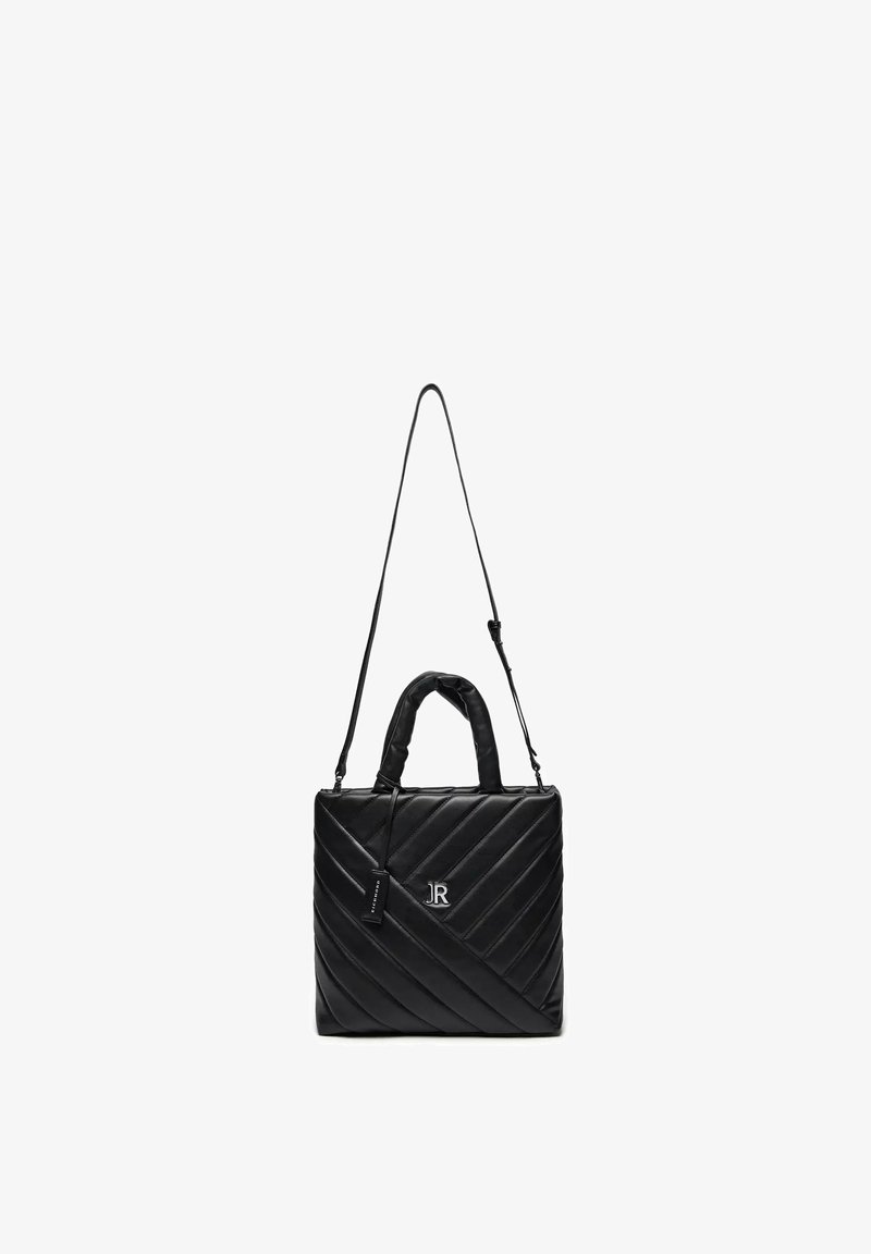 Borsa a tracolla nera trapuntata con texture diagonale, dotata di manici superiori robusti, una tracolla rimovibile e un piccolo etichetta con marchio.