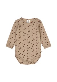 Body a maniche lunghe color beige con una texture a costine e un motivo a pois marroni sparsi. Presenta bottoni a pressione sulla spalla e sul fondo per una vestizione facile.