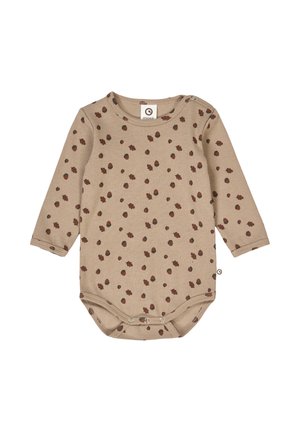 Beige long-sleeve bodysuit with ribbed texture and brown scattered dot pattern. It features snaps at the shoulder and bottom for easy dressing.