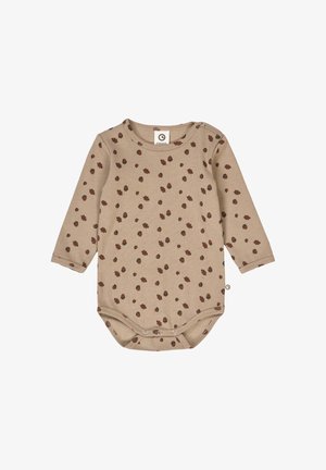 Body a maniche lunghe color beige con una texture a costine e un motivo a pois marroni sparsi. Presenta bottoni a pressione sulla spalla e sul fondo per una vestizione facile.