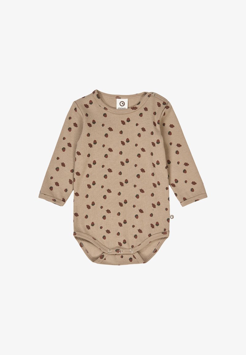 Beige body s dlouhým rukávem s ribovanou strukturou a hnědým rozptýleným tečkovaným vzorem. Obsahuje patentky na rameni a na spodku pro snadné oblékání.