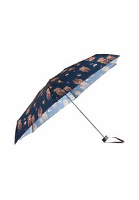 Granatowy parasol w kwiatowy wzór w odcieniach brązu i różu. Metalowa rama, prosta rączka i dołączony pasek na nadgarstek do noszenia.