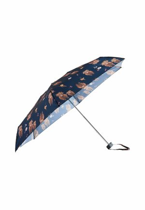 Navy umbrella with floral pattern in shades of brown and pink. Metal frame, straight handle, and attached wrist strap for carrying.