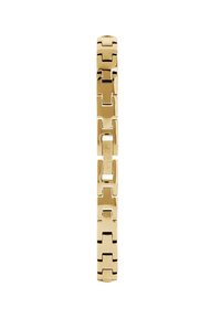 Bracciale dorato con anelli intrecciati; finitura metallica lucida, forme rettangolari e texture liscia; presenta un dettaglio di marchio inciso.