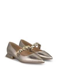 Ballerines argentées métalliques à bout pointu avec un petit talon carré, ornées d'une sangle décorative agrémentée de pierres transparentes et dorées.