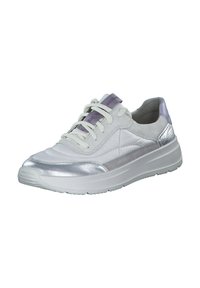 Weißer Sneaker mit silbernen Akzenten, der über ein strukturiertes Design und Schnürsenkel verfügt. Enthält eine gepolsterte Sohle und subtile Lavendeldetails.