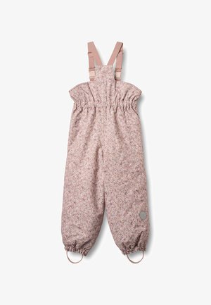 Rózsaszín virágmintás kezeslábas vállpántokkal, rugalmas derékrésszel és szűkülő szárakkal. A szegélyen hurkok, valamint kör alakú logó díszítés található.