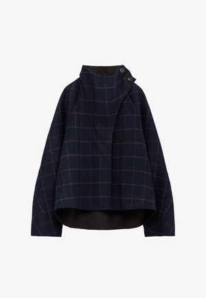 Navy wool-blend jacket with a grid pattern, high collar, button accents, and a cropped, relaxed fit. Soft texture, contemporary design.