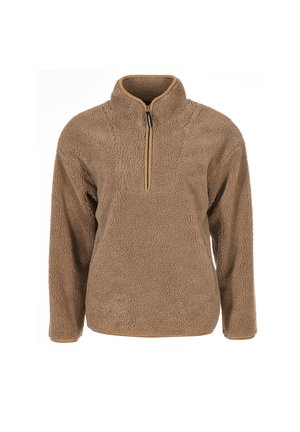 Pull en polaire marron avec une demi-fermeture éclair, col montant et manches longues, doté d'un tissu doux et texturé pour la chaleur.