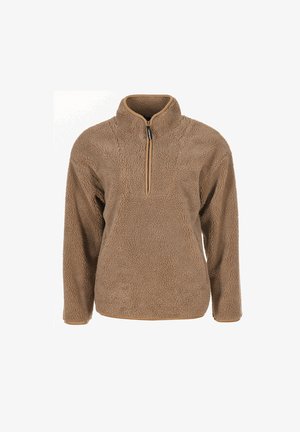 Pull en polaire marron avec une demi-fermeture éclair, col montant et manches longues, doté d'un tissu doux et texturé pour la chaleur.