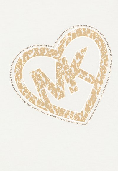 Tecido branco com um grande desenho de coração em padrão de leopardo dourado e castanho, contornado em branco. Pontos acentuam a borda do coração.
