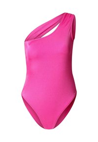 Svijetloružičasti jednodijelni kupaći kostim s asimetričnim dizajnom na jedno rame i jednim širokim remenom koji prelazi preko ramena.