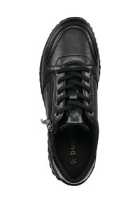 Schwarze Leder Sneaker mit Schnürdesign, seitlichem Reißverschluss, gepolstertem Kragen und Gummisohle. Verfügt über eine strukturierte Oberseite und innere Logodetails.