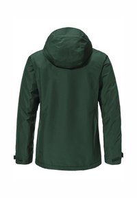 Dunkelgrüne, wasserdichte Jacke mit Kapuze, glatter Textur und verstellbaren Bündchen. Verfügt über einen geraden Schnitt und keine sichtbaren Logos oder Akzente.