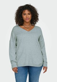 Mujer con cabello rizado, vestida con un suéter gris claro de cuello en V y jeans azules, de pie contra un fondo claro.