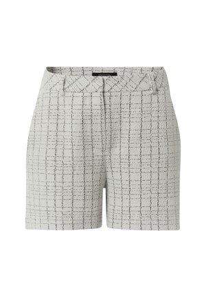 Graue Tweed-Shorts mit einem Karomuster, flachem Bund und maßgeschneiderter Form. Der Stoff hat eine strukturierte Oberfläche, ideal für warmes Wetter.