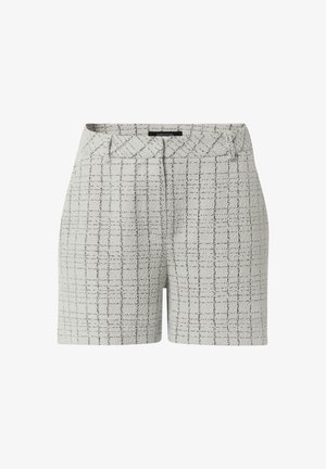 Szare szorty z tkaniny tweed w kratkę, z płaskim przodem i dopasowanym krojem. Materiał ma teksturowane wykończenie, idealne na ciepłe dni.