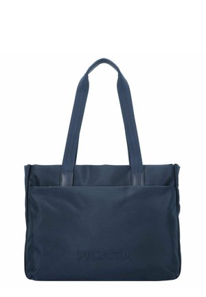 Sac fourre-tout bleu marine en nylon texturé, avec des poignées supérieures doubles et un logo en relief à l'avant. Forme rectangulaire avec une fermeture éclair.