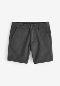 Shorts en coton gris avec un design classique, dotés de deux poches avant, d'une fermeture à un bouton et de détails cousus.