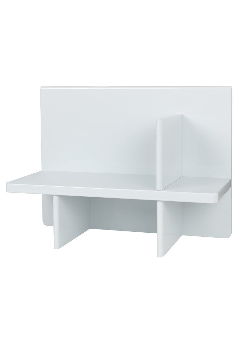 Vit väggmonterad hylla med en plan horisontell yta och en vertikal avdelare, med en slät yta och minimalistisk design.