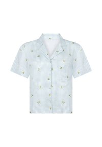 Kortekoo, button-up shirt in lichtblauw gingham patroon met gele bloemenborduursels. Bevat een kraag en een borstzak.