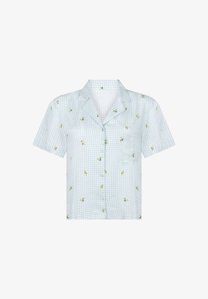 Kortekoo, button-up shirt in lichtblauw gingham patroon met gele bloemenborduursels. Bevat een kraag en een borstzak.