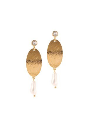 Goldfarbene Ohrringe mit ovalem gebürstetem Metalldesign, verziert mit einem runden klaren Kristall und einem tropfenförmigen weißen Perlenakzent.