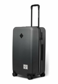 Grauer Hartschalenkoffer mit vier Rädern, ausziehbarem Griff, Seitengriff und einem Logo-Patch auf der Vorderseite vor weißem Hintergrund.