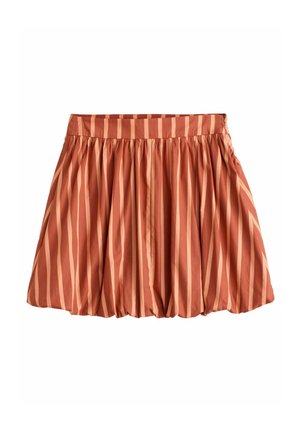 Short pleated skirt in rust color with alternating pale orange vertical stripes. Features a broad waistband and flowing silhouette.