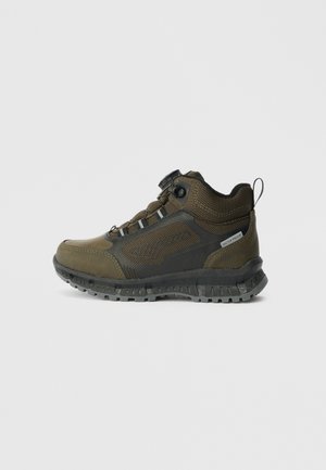 Waterproof hiking shoe in dark olive green and black. Features a textured synthetic upper, lace-up design, and a robust rubber sole.