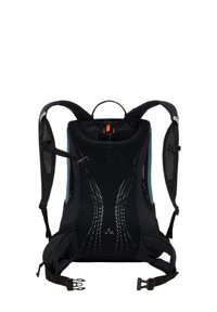Zaino in rete nero con design strutturato, dotato di spallacci imbottiti, pannello posteriore ergonomico e clip regolabili.