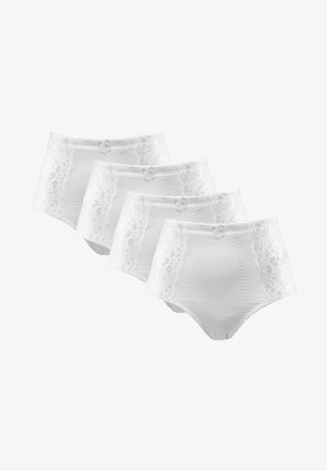 Høj talje hvide bomuldsunderbukser med blonder på siderne og små sløjfe detaljer, præsenteret i et sæt af fire.