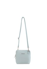 Borsa crossbody azzurro chiaro realizzata in pelle testurizzata. Presenta una chiusura con zip e una tracolla regolabile con dettagli in metallo argentato.
