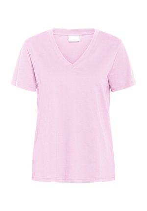 Pink T-shirt med V-hals lavet af blød stof, med korte ærmer og en afslappet pasform. Ingen synlige mønstre eller accenter.