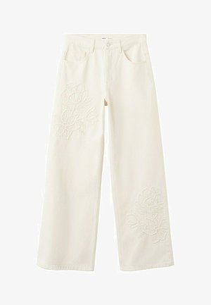 Blugi albi cu picioare largi, cu broderii florale pe coapsa stângă și pe partea inferioară dreaptă, buzunare frontale și închidere cu nasturi.