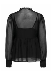 Blouse noire transparente à manches longues avec col à volants, manches bouffantes, poignets élastiques et taille froncée, vue de dos.