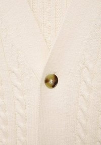 Cream knitted cardigan featuring a cable pattern, a deep V-neckline, and a round, brown button at the front. Soft texture throughout.