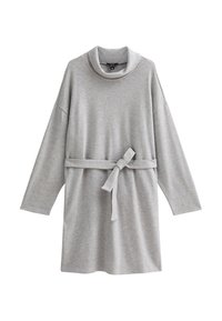 Grijze gebreide jurk met een hoge kraag, lange mouwen en een stoffen riem in de taille. Zachte textuur en een losse pasvorm met een lichte A-lijn.