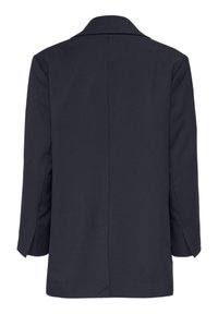 Blazer blu navy, sartorial, con collo a revers, maniche lunghe e uno spacco posteriore. Texture liscia e dettagli minimi, vista posteriore mostrata.