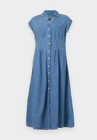 Vestito in denim con chiusura a bottoni sul davanti, maniche corte, colletto e cuciture verticali; colore azzurro chiaro e design lungo fino alla caviglia.
