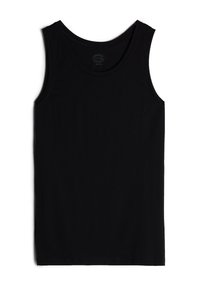 Schwarzes Baumwoll-Tanktop mit Rundhalsausschnitt und ohne Ärmel. Glatte Textur, schlichtes Design und locker sitzend.